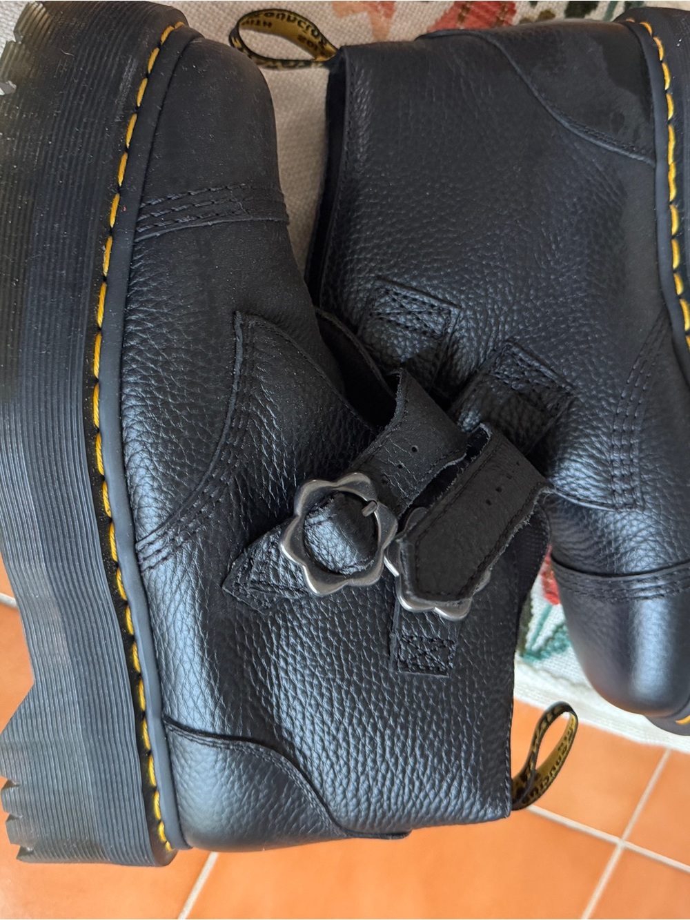 Dr. Martens Black Leather Ankle Boots with Yellow Stitching